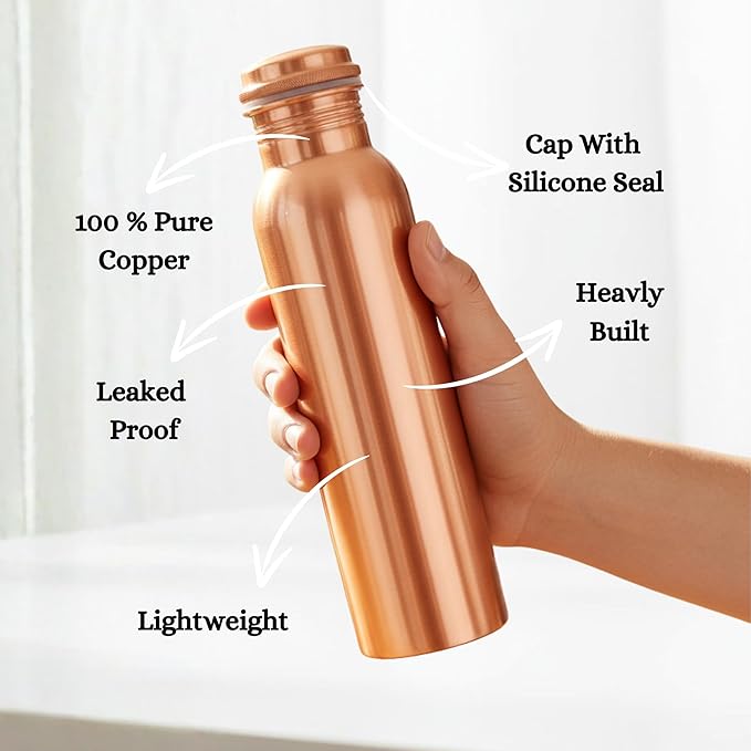 Copper Water Bottle - 34 Oz Extra Large - A Hammered Ayurvedic Pure Copper Vessel For Drinking - Drink More Water, Lower Your Sugar Intake And Enjoy The Health Benefits Immediately (Plain)