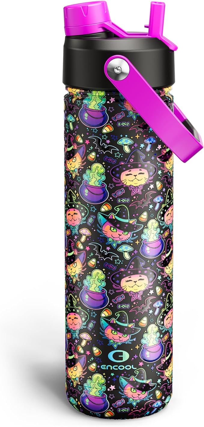 ENCOOL Insulated Water Bottle with Straw Stainless Steel Water Bottle, Leak-Proof, BPA-Free, Double Wall Vacuum Keeps Cold for 24 Hours for Sports, Travel, School (26 oz, Meowgic Night)