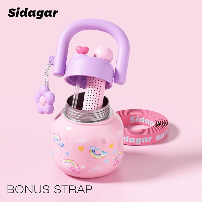 22 oz Tumbler with Straw and Carry Handle, Wide Mouth Insulated Stainless Steel Travel Water Bottle, Leakproof Flask for Nursery, Kawaii Aesthetic Purple Water Jug with 3D Charm
