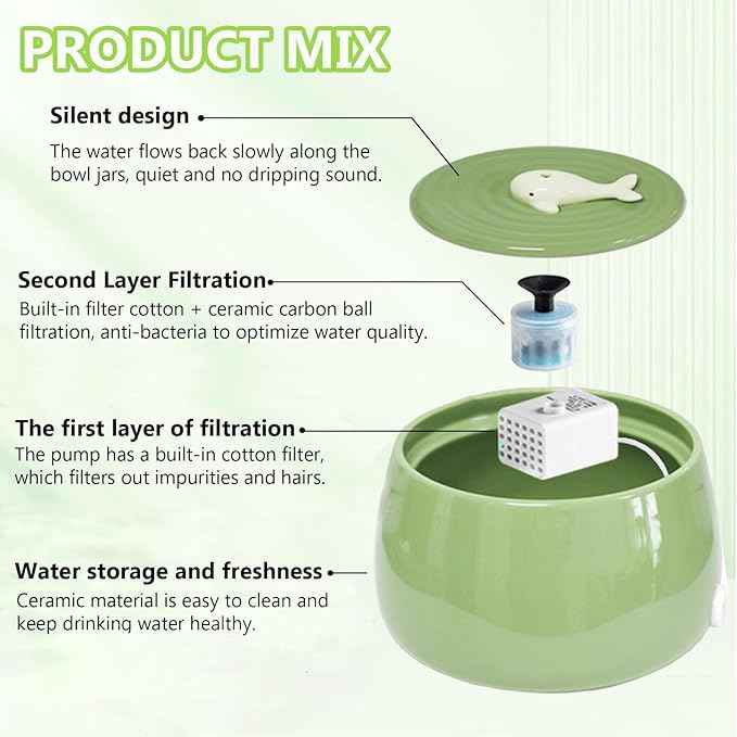 Ceramic Cat Water Fountain, 45oz/1.3L Porcelain Cat Water Dispenser, Automatic pet Water Fountain with Ultra-Quiet Pump, Perfect for Cats and Small Dogs, Cute Design (Green)