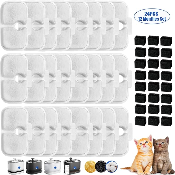 Cat Water Fountain Filter,petlibro filter replacement fit for Pet Fountain PLWF005/PLWF115/PLWF105,Pet Fountain Replacement Filters (White, 24P)