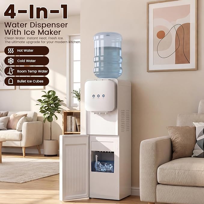 4 in 1 Water Cooler Dispenser with Ice Maker, Hot & Cold Water Dispenser for Home & Office, 33lbs/24H Bullet Ice, Top Loading 3-5 Gallon, Child Safety Lock, Ice Ready in 7 Min (White -Silver)