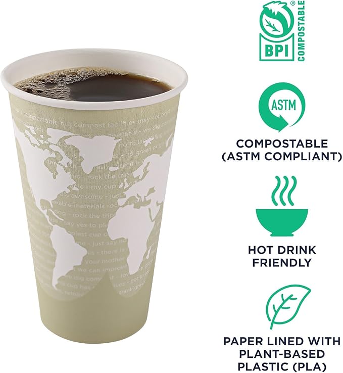 ECO PRODUCTS Compostable Disposable World Art 16oz Large Coffee Cups, Pack of 50, Renewable Hot Paper Cup, Plant Based PLA Lining, Color Coded