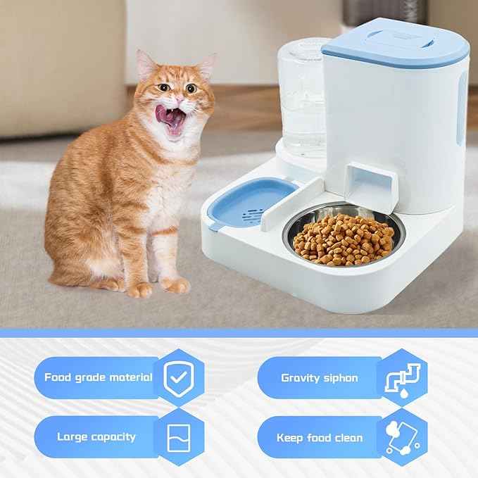Automatic Cat Food and Water Dispenser Set 2 in 1, All-in-One Gravity Pet Feeder with Stainless Steel Cat Food Bowl Travel Auto Supply Feeder and Water Dispenser for Small Medium Cats Dogs (Blue)