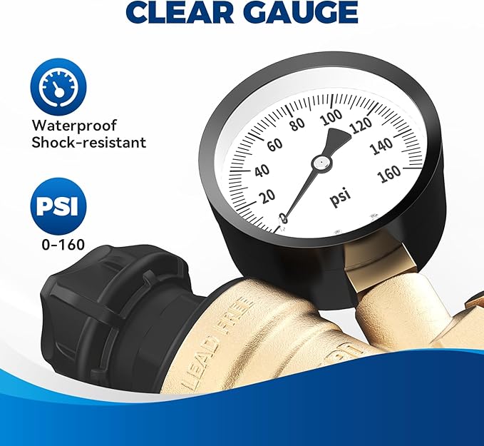 RVGUARD RV Water Pressure Regulator Valve With An Adjustable Knob, Tool-Free, CSA Approved, Lead-Free Brass Water Pressure Reducer with Gauge and Inlet Screen Filter for RV Camper Travel Trailer