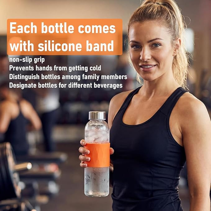 Zukro Glass Water Bottles with Lids & Silicone Grip Sleeve 18 oz, 12 Pack Reusable 100% Leak Proof Juice Bottles With Stainless Steel Cap for Juicing, Smoothie Drinking Jar, Fridge & Dishwasher Safe