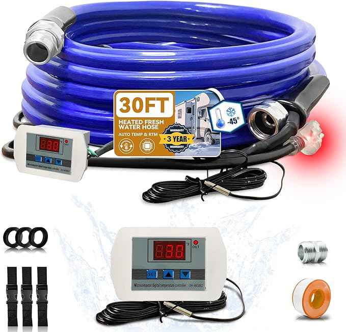 Cupohus Heated Water Hose for RV 30FT- Adjustable Temperature Control & Real-Time Monitor, Freeze Protection Down to -45℉ for Winter Camping, RV Travel, Outdoor Enthusiasts, 110-120V