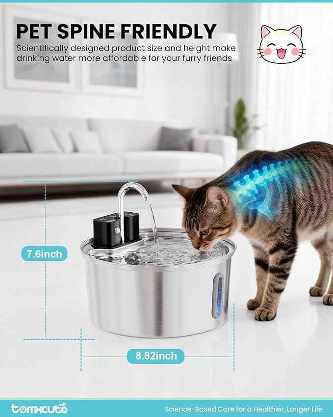 Wireless Cat Water Fountain - 108oz/3.2L Automatic Cat Water Fountain Cordless, Stainless Steel Battery Operated Pet Fountain Rechargeable Water Dispenser for Cats, Dogs, Multiple Pets
