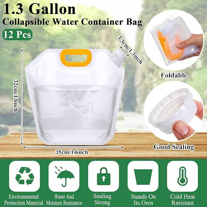 Tessco for you 12 Pack 1.3 Gallon Collapsible Water Storage Bag Water Container Emergency Jug Plastic Storage Pouch Freezable Carrier Tank Foldable Bottle for Outdoor Sport Camping (Clear)
