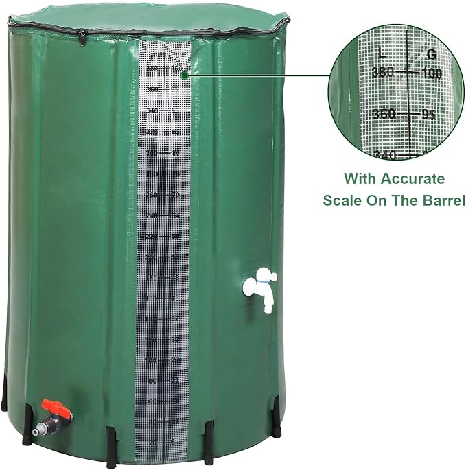 Outvita 100 Gallon Collapsible Rain Barrel with Volume Mark, Rainwater Collection System, Portable Foldable Garden Water Storage Tank, Water Container with Filter Overflow Kit Faucet Green