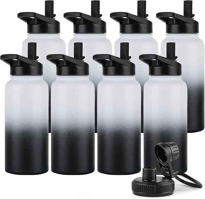 DOMICARE 32 oz Insulated Water Bottle Bulk, Vacuum Insulated Stainless Steel Sports Water Bottle with Straw Lid & Spout Lid, Leakproof, Reusable - Travel, Bike, Black White Gradient (8 Pack)