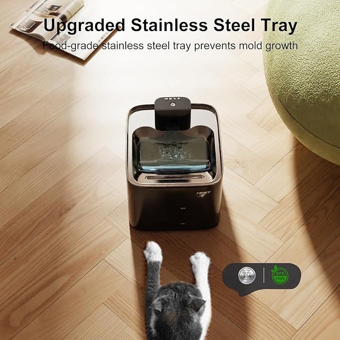 NPET Wireless Cat Water Fountain, 1 Gallon/135oz Pet Fountain with Motion Sensor, 4000mAh Rechargeable Battery Operated＆Stainless Steel Tray, Auto Cordless Water Dispenser with Multi-Filtration Filter