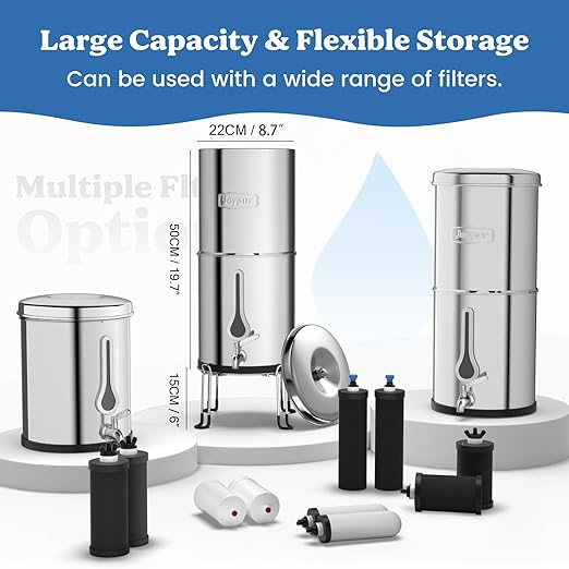 2.25G Gravity Water Filter System with New Water Level Window, 3-Stage 0.01μm Ultra-Filtration Stainless Steel Countertop System with 2 Thickened Carbon Filters and Stand, Reduce 99.9% Chlorine