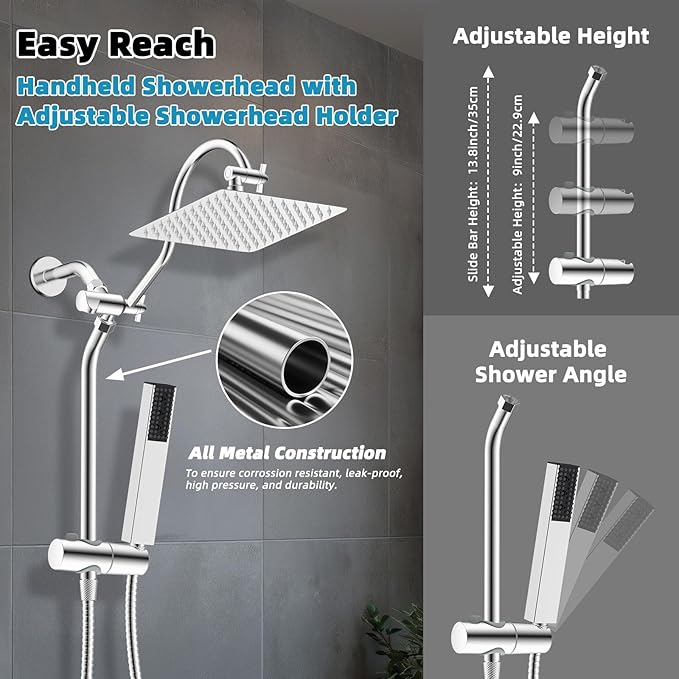 Hibbent cUPC Certified High Pressure 10'' Rainfall Shower Head, Showerhead Combo with 4-mode Handheld Spray, 12'' Adjustable Extension Arm, Extension Bar, Easy Reach Holder, 71'' Hose, Chrome
