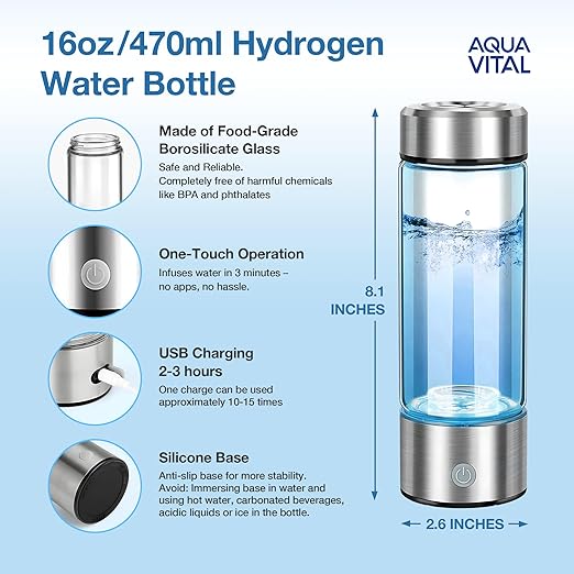 Aqua Vital Hydrogen Water Bottle 2026 Generator 16 oz/470 ml SPE-PEM Ionized H₂ Hydration Bottle USB-C Rechargeable Glass Flask with Auto Shut-Off Portable Sports & Travel Hydrogenated Water Machine