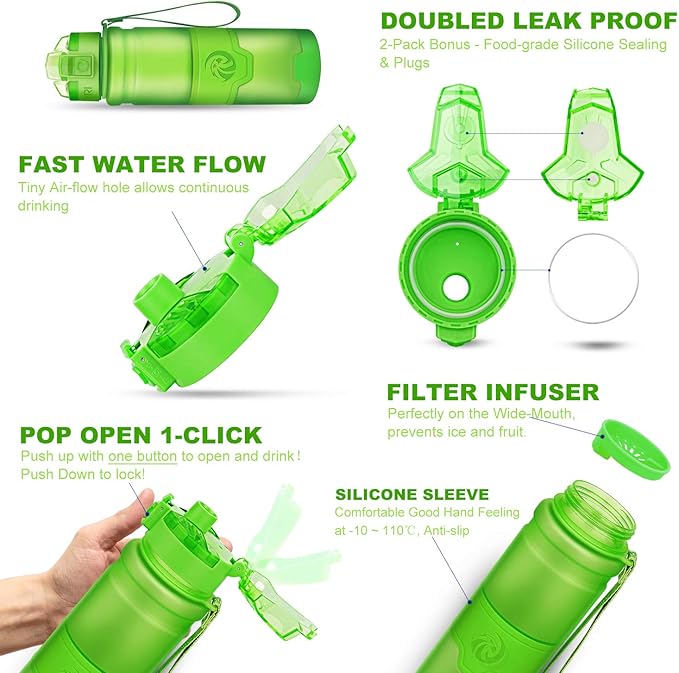ZORRI Sports Water Bottle, 400/500/700ml/1L, BPA Free Leak Proof Tritan Lightweight Bottles for Outdoors,Camping,Cycling,Fitness,Gym,Yoga- Kids/Adults Drink Bottles with Filter, Lockable Pop Open Lid