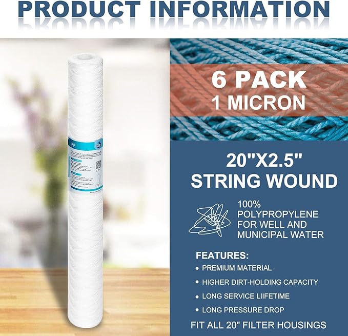 Membrane Solutions 1 Micron 2.5" OD x 20" Length Sediment Water FilterString Wound Polypropylene Cartridge for Whole House Filter Systems - 6 Pack