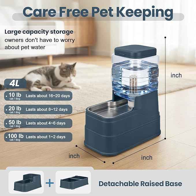Automatic Cat Water Dispenser Gravity Stainless Steel Water Feeder Dog Waterer Feeder with Wide Mouth Bowl for Small Medium Dog Puppy Kitten (Filter &Ice Pack Included) 1Gallon Navy