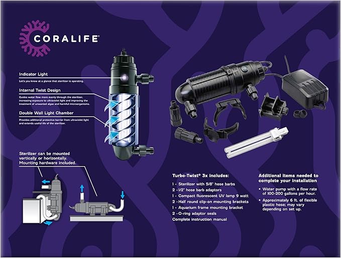 Coralife Aquarium Fish Tank Marine Salt Water Turbo-Twist UV Sterilizer 3X, For up to 125 Gallons