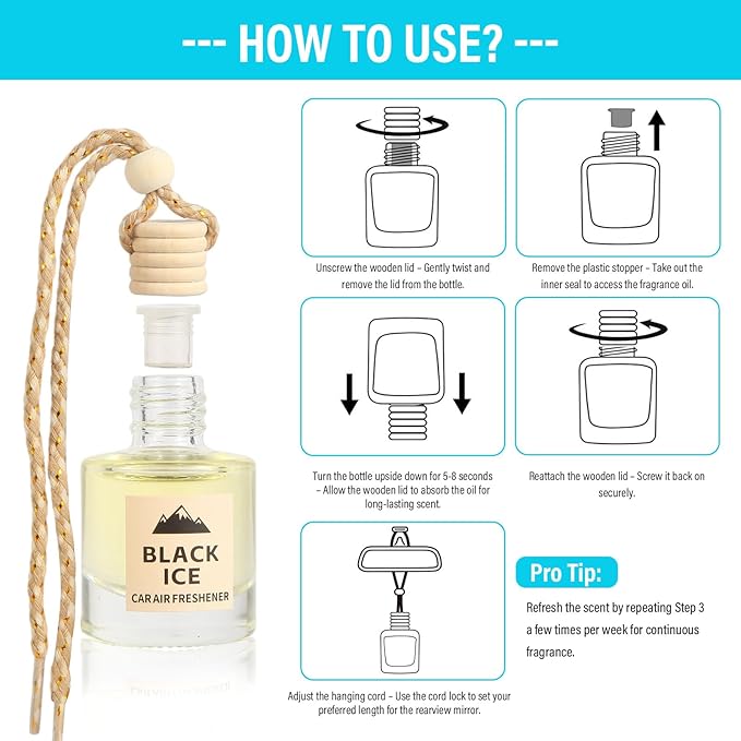 Car Air Freshener Oil Diffuser - Hanging Long Lasting Scent for Car & Home, Essential Oil Freshener with Adjustable Fragrance (Teak Wood+Black Ice)