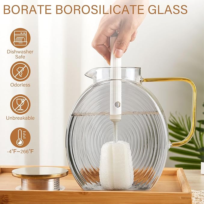 OneDream Glass Pitcher with Lids for Fridge Door, 2.5l/84oz Large Iced Tea Pitcher with Handle, Borosilicate Water Jug for Sun Tea, Fruit Juice, Drinks, Lemonade, Cold or Hot Beverages, Smoke Gray