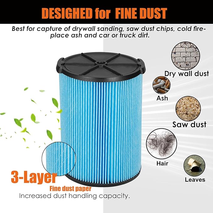 VF5000 Replacement Filter for Ridgid Shop Vacuums 5-20 Gallon, Universal Fine Dust Filter Fits Rigid Wet Dry Vac/Husky Shop Vacuum Filter 6-9 Gallon with Foam Sleeves- 2 Pack - AquaVibe