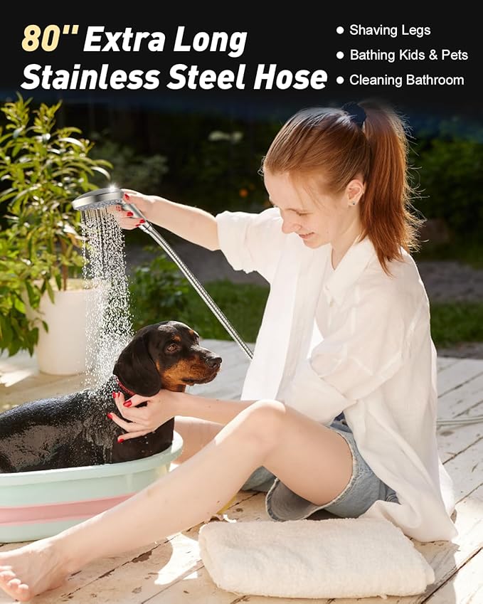 FASDUNT Shower Head with Handheld, High Pressure Handheld Shower Head with 80" Extra Long Stainless Steel Hose & Adjustable Bracket, Showerhead with ON/OFF Switch for Pets Bath, Brushed Nickel
