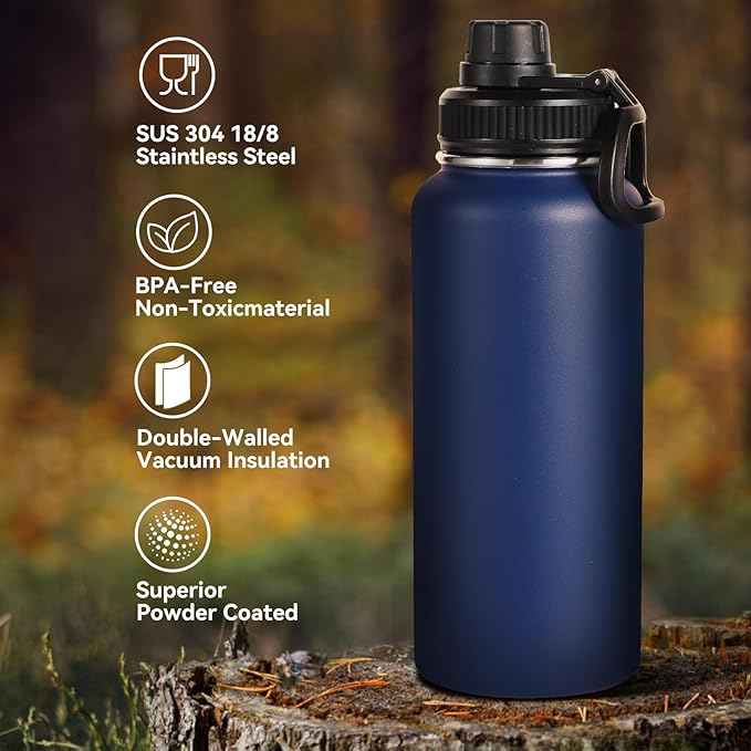Neihepal 32 oz Insulated Water Bottle with 2 Lids (Straw & Spout Lid), 18/8 Stainless Steel Double Wall Water Bottles for Gym, Travel, Camping, Sports (Navy,1 Pack)
