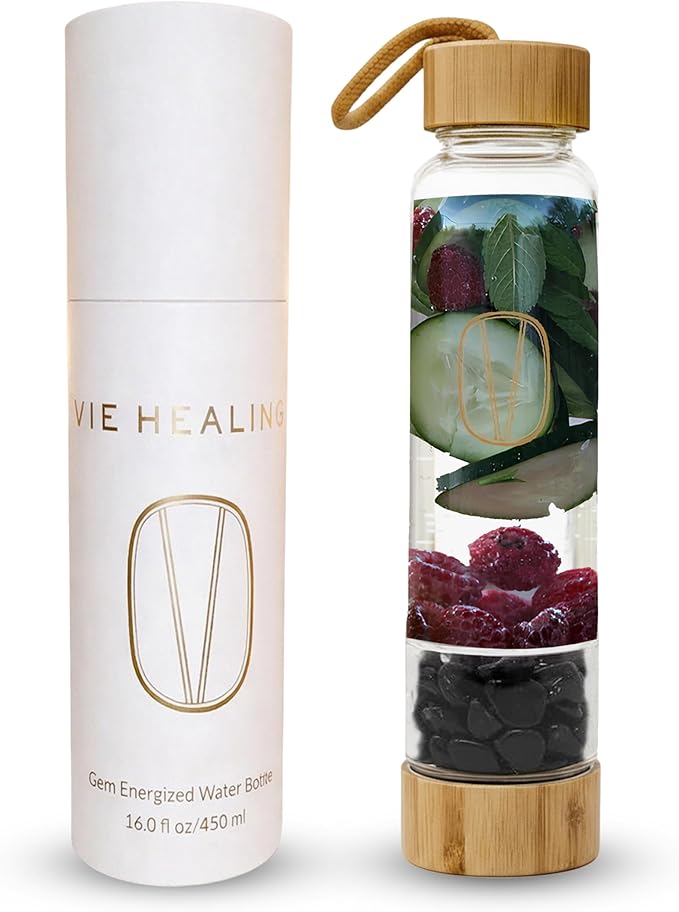 Vie Healing Gem Infused Obsidian Crystal Water Bottle, 16oz | Crystal Glass Bottle for Mindful Hydration, Daily Balance & Style | Eco Friendly Reusable Water Bottle for Home, Office, Gym & Travel