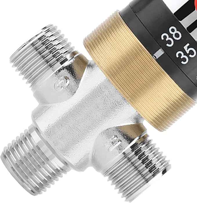G1/2in Thermostatic Mixing Valve, Bathroom Water Temperature Control, Brass Thermostat Valve with Safety Switch for Bathtub Basin Kitchen, Easy to Install Durable Chrome Plated Acc