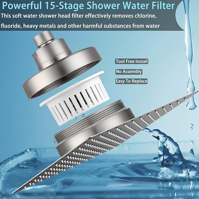 Filtered Shower Head, Stainless Steel High Flow Rainfall Showerhead with 15 Stage Hard Water Filter Cartridge for Remove Chlorine and Harmful Substances(Brushed Nickel,10")