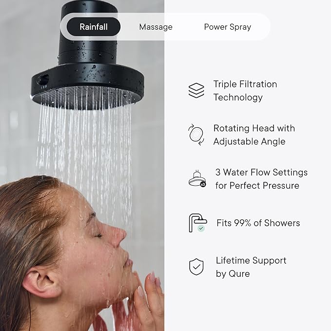 Qure Shower Filter Head for Hard Water, healthier Hair, Skin & Nails, Reduces 99% Chlorine, High Pressure Showerhead, Improve your Beauty and Skincare Routine, Dermatologist-approved - Silver