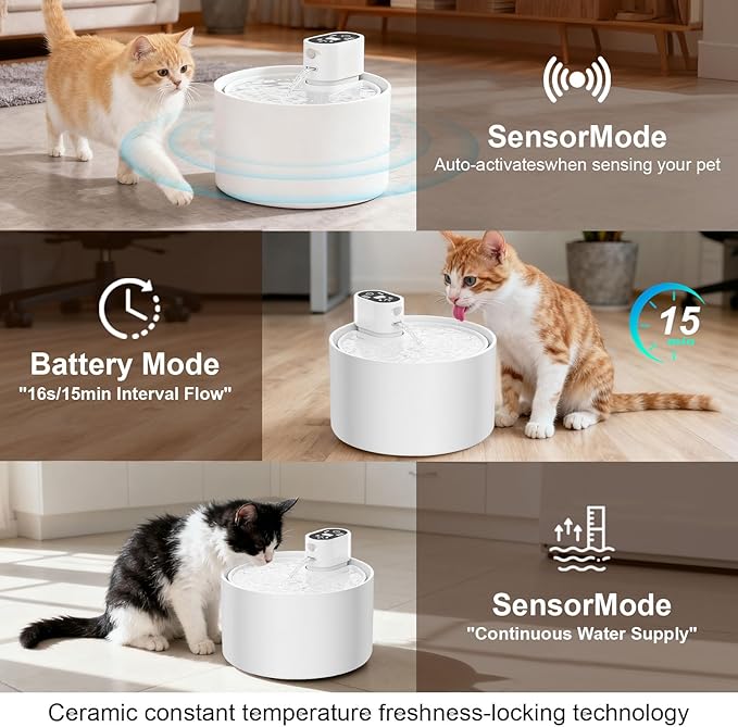 Automatic Ceramic Cat Water Fountain, 2.3L Cordless Pet Water Dispenser with Temperature & Water Level Display, 3 Drinking Modes,Ultra-Quiet Pump, for Cats, Dogs, Multiple Pets (White)