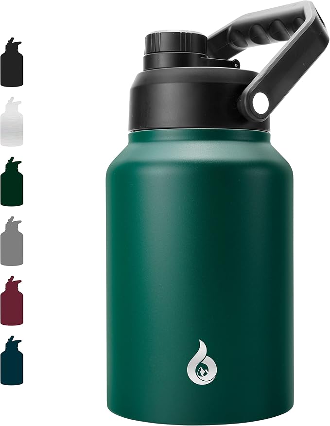 BJPKPK 64 oz Insulated Water Bottle, Dishwasher Safe Half Gallon Water Bottle with Ergonomic Handle, BPA Free Leak Proof Water Jug for Sports, Metal Jug with Anti-slip Bottom, Army Green