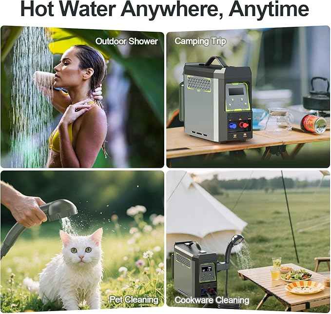 Portable Water Heater, Propane Water Heater with Shower Pump, Max 100 Mins 3s Instant Hot 20,000 BTU, 4000mAh Rechargeable Built-in Battery for Outdoor Cleaning, Camping, Hunting, Hiking