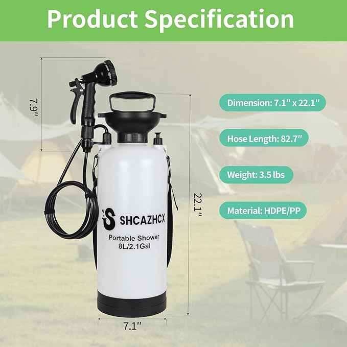 2.1 Gallon/8L Portable Water Shower, No Power Needed, Nylon Insulated Sleeve, 10 Spray Modes, Pressurized Portable Shower Sprayer for Camping, Hiking, Beach, Surfing & Outdoor Use, White