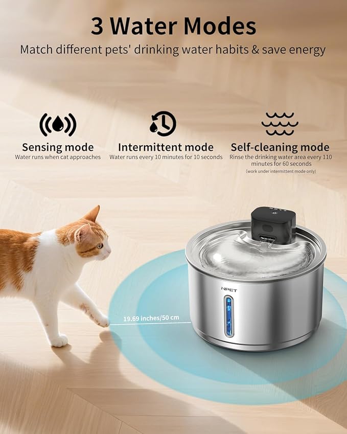 NPET Wireless Cat Water Fountain Stainless Steel, 1Gallon/135oz Battery Operated Automatic Pet Drinking Fountain - Cordless Dog Water Dispenser with Water Level Window for Cats Indoor