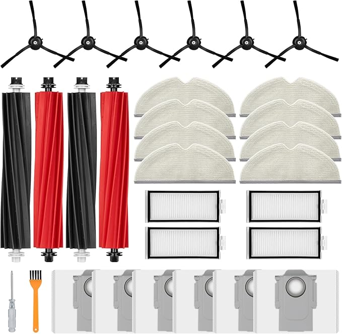 28 Pack Accessories Compatible with Roborock Q5 Pro/Q5 Pro+,Q8 Max/Q8 Max+ Vacuum Robot,Parts Include:2 Dual Roller Brush,6 Side Brush,4 HEPA Filter,8 Mop Cloth,6 Dust Bag,1 Cleaning Tool&1 Screwdrive - AquaVibe