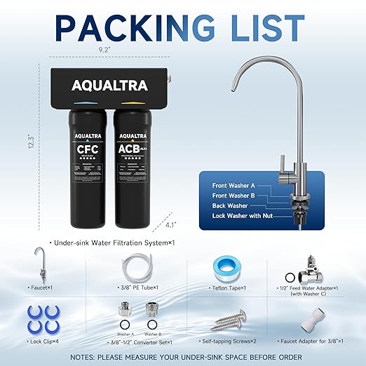 AQUALTRA USF-2F-10 Slightly Alkaline Under Sink Water Filtration System, 20K Gallons with Faucet, 0.5 μm Carbon Fiber Filter Reduces Chlorine, Chloramine, Fluoride, Bad Taste & Odor