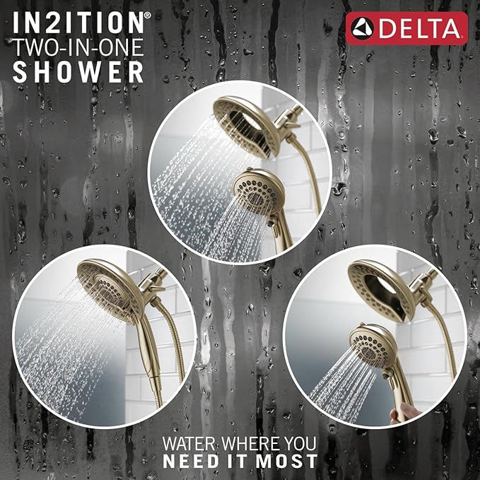 Delta 5-Setting In2ition 2-in-1 Dual Shower Head with HandHeld Spray, Brushed Gold Detachable Shower Head with Hose, Showerhead, 2.5 GPM Flow Rate, Lumicoat Champagne Bronze 58569-CZ-PR25-PK