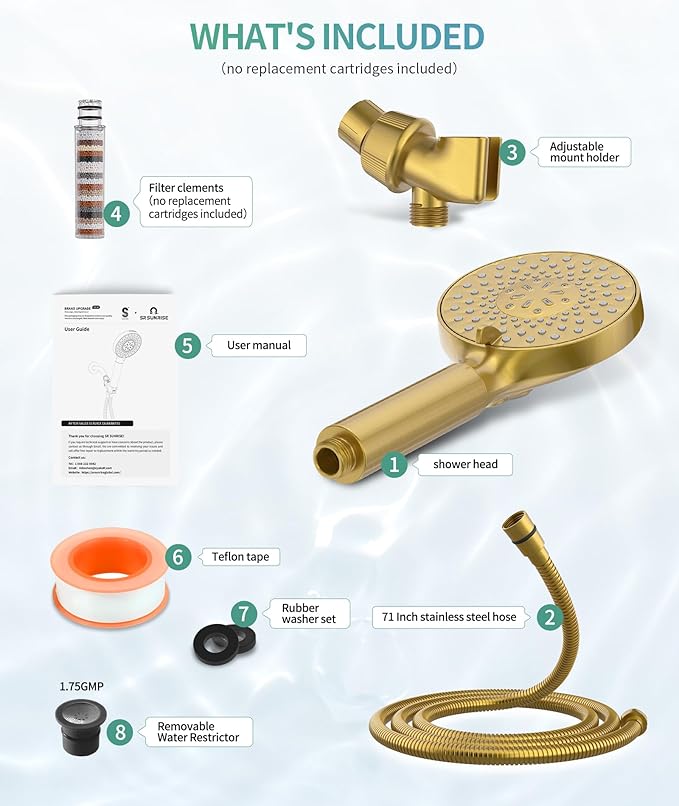 SR SUN RISE Filtered Shower Head with Handheld High Pressure 9 Spray Mode Showerhead Detachable Shower Head Water Softener Filters 1 Filter Brushed Gold