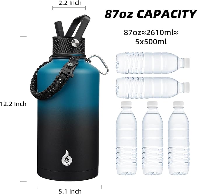 BJPKPK 2/3 Gallon Water Bottle with Straw Lid, 87oz Large, Stainless Steel Water Bottles with 3 Lids and Paracord Strap, Double Wall Vacuum Metal Jug, Blue & Black