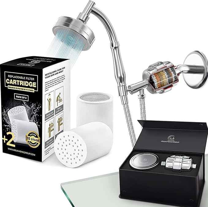 AquaHomeGroup Handheld Vitamin C E Shower Head - 20 Stage Filtration for Hard Water - 2x Filter Cartridge Bundle