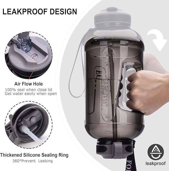 Half Gallon Water Bottle with Straw Leakproof Large Sports Water Bottle with Handle 2L/74oz BPA Free Water Jug for Camping Hiking (2.2L, Black)