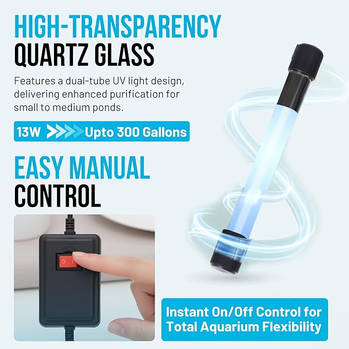 13W UV Water Sterilizer with 9.84 ft Cable for up to 300 Gallon Aquariums, Ponds & Pools - Professional UV Clarifier for Green Water Control in Koi Ponds, Fish Tanks, Spas & Cold Plunge
