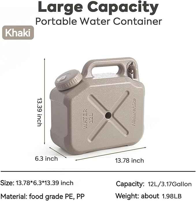 Naturehike 3.17 Gallon Camping Water Container, Portable Water jug with Adjustable Spigot, Food Safe Water Tank, No Leakage Emergency Water Carrier for Camping, Hiking (Khaki, 3.17Gallon)