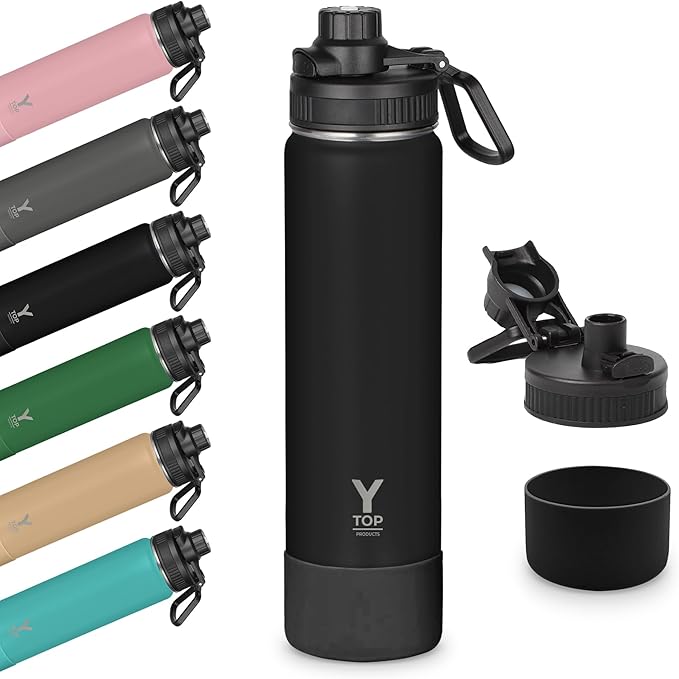 Y TOP 24oz Insulated Water Bottle Leak Proof Spout Lid Fits in Car Cup Holder – Double Wall Dishwasher Safe Easy Clean stainless steel drinking water bottle for Gym Kids Sports Travel Hiking School