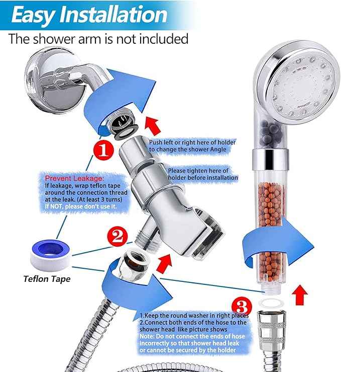 LED Shower Head with Handheld, Shower Head High Pressure Shower Head with Hose, Holder & PTFE Tape etc, 3 Water Temperature-Controlled Water Saving Filtered Shower Head for Dry Hair& Skin