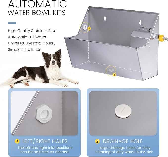 Automatic Water Dispenser for Dog,2.1 Gallon Dog Water Bowl Dispenser for Outdoor,304 Stainless Steel Automatic Pet Waterer for Cat Chicken Livestock (Drainage Hole)