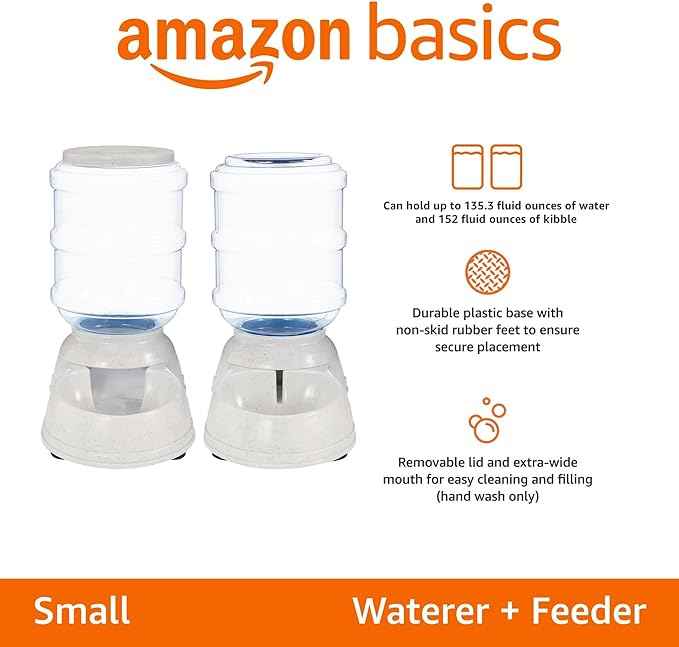 Amazon Basics Automatic Pet Water Dispenser and Gravity Food Feeder Set for Cat and Dog, Easy to Clean, 6-Pound Food Capacity, 1-Gallon, Small, Gray, Pack of 2